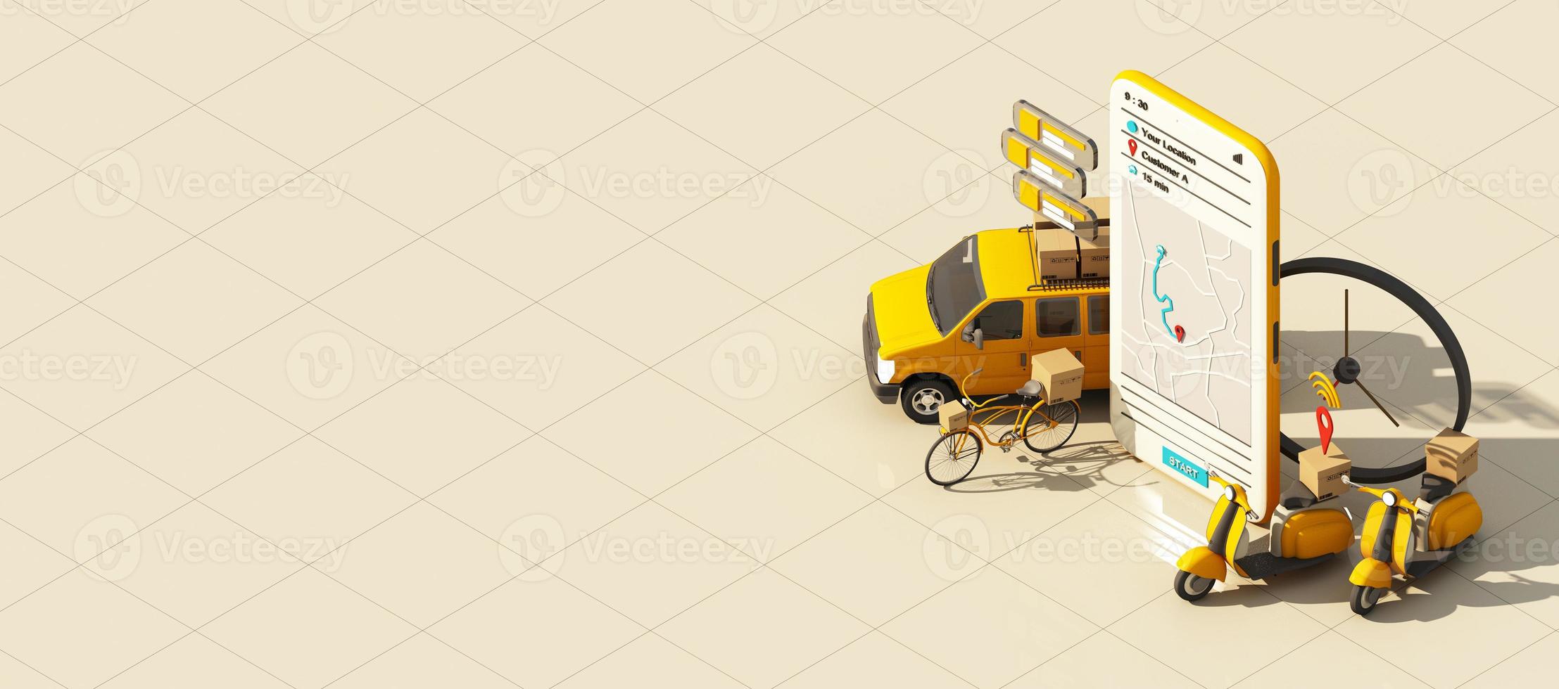 the Earth world map surrounded by cardboard boxes, a cargo container ship, a flying plane, a car, a van and a truck with gps location on blue background 3D rendering isometric view photo