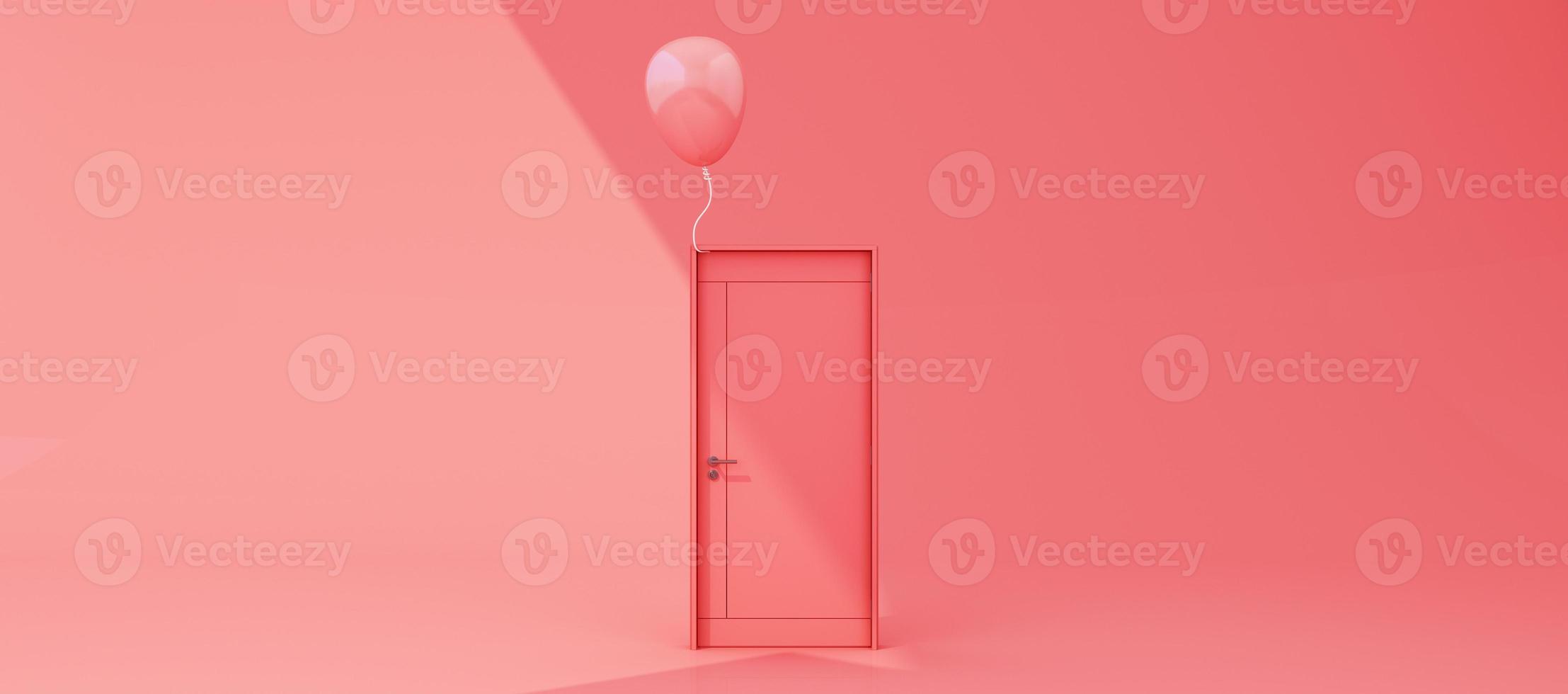 Close and open door on pastel background with sunlight shade and shadow with color balloon. 3d render photo