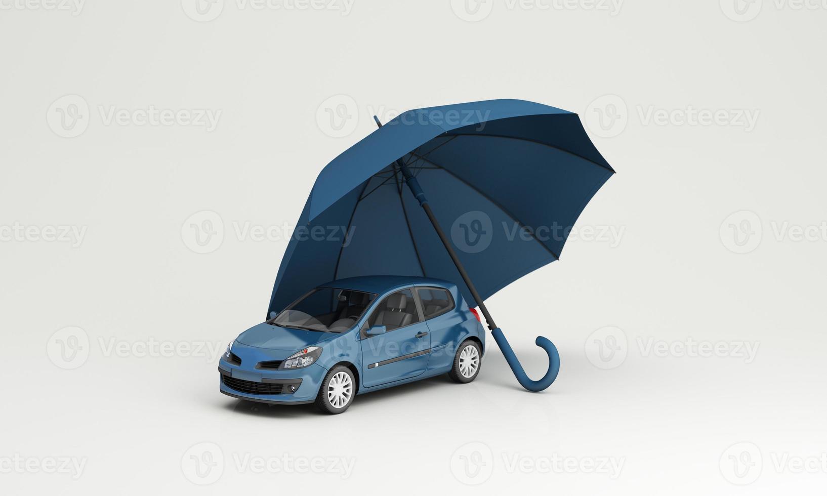 Car protection and safety assurance concept, modern red automobile sedan truck van under white text font and umbrella, isolated on red background, 3d illustration rendering isometric photo