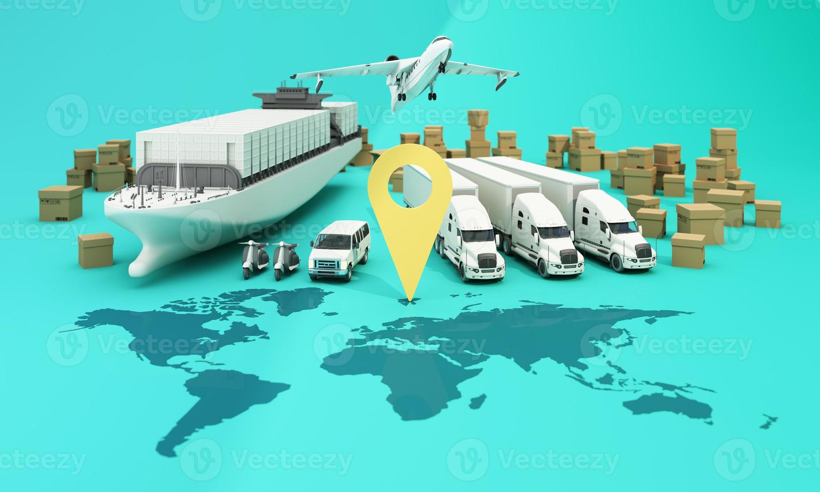 the Earth world map surrounded by cardboard boxes, a cargo container ship, a flying plane, a car, a van and a truck with gps location on blue background 3D rendering isometric view photo