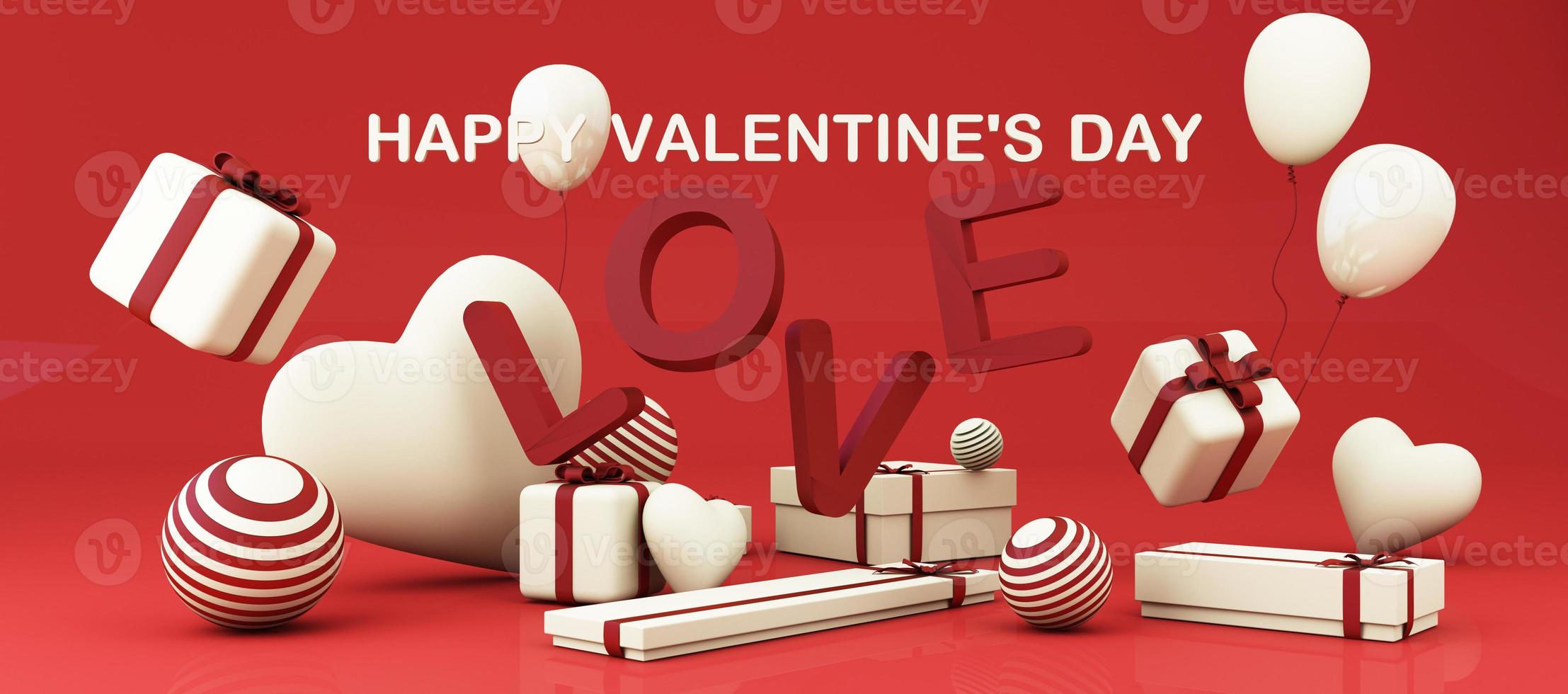 Romantic creative composition. Happy Valentine's Day. Realistic 3d festive decorative objects, heart shaped balloons and love, falling gift box, glitter gold. Holiday banner and poster. 3d render photo