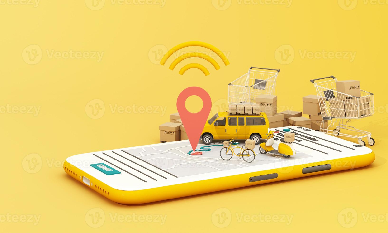 Fast delivery by scooter bike and van with mobile. E-commerce concept. Online food and shopping crate box order with route map. Webpage, app design. yellow and blue background. perspective 3d render photo