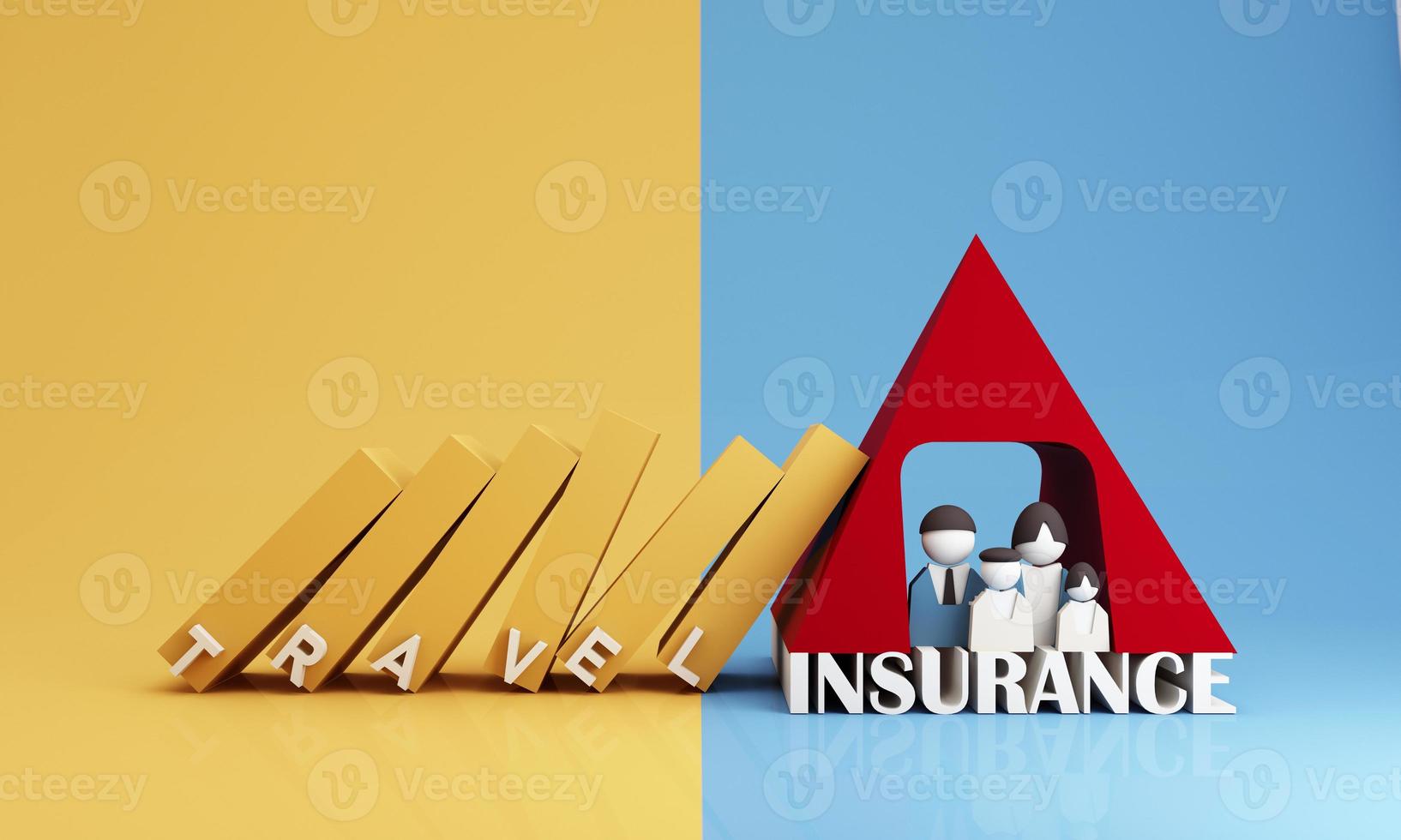 The letter Insurance glows on the cube, blue and yellow. Placed on the world map and model family cartoon characters and planes in the concept of travel insurance, travel and protection. 3d render photo