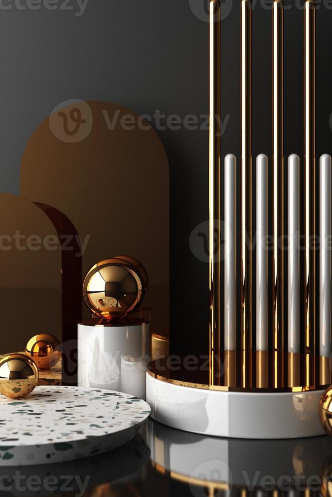 Minimal abstract geometric background with direct sunlight in shades of green and yellow. Showcase scene with empty podium for product presentation 3d rendering photo