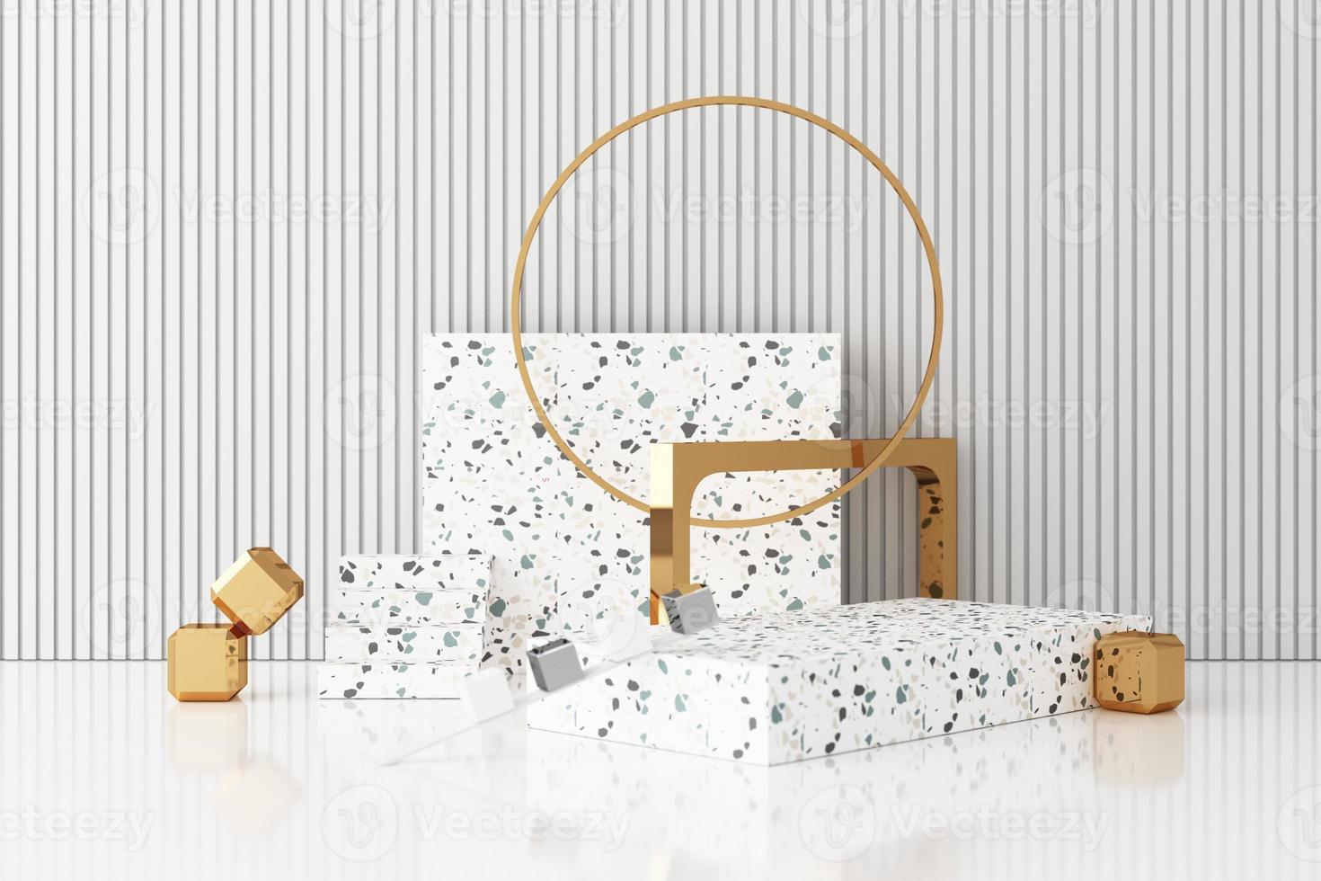 Minimal abstract geometric background with direct sunlight in shades of green and yellow. Showcase scene with empty podium for product presentation 3d rendering photo