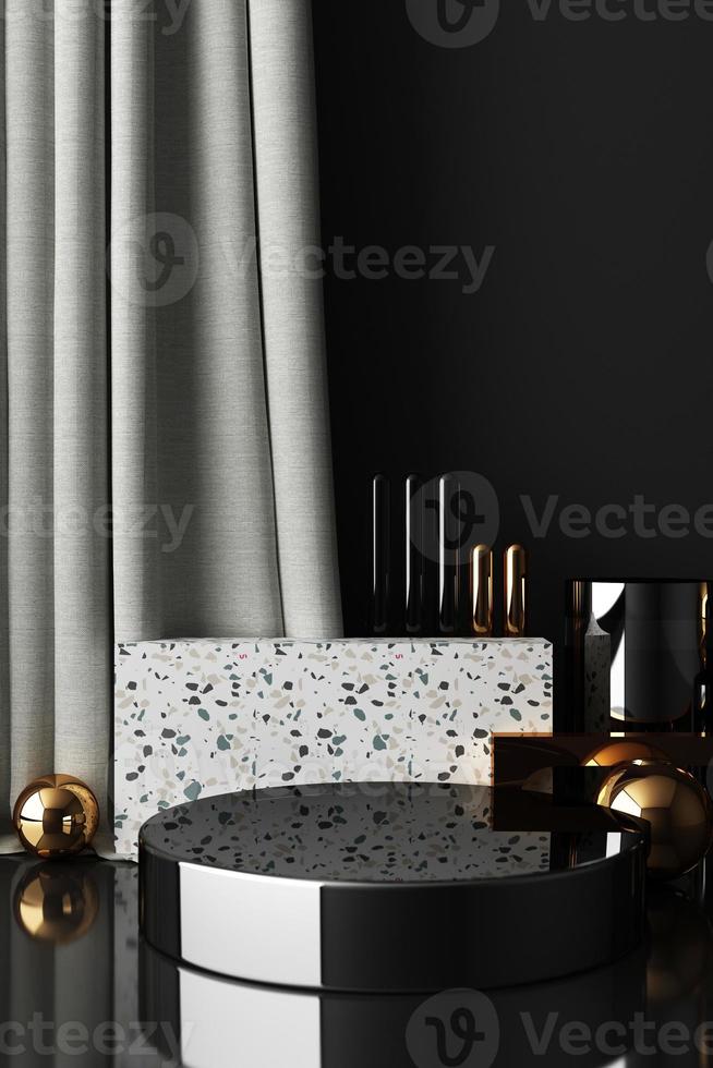 Minimal abstract geometric background with direct sunlight in shades of green and yellow. Showcase scene with empty podium for product presentation 3d rendering photo