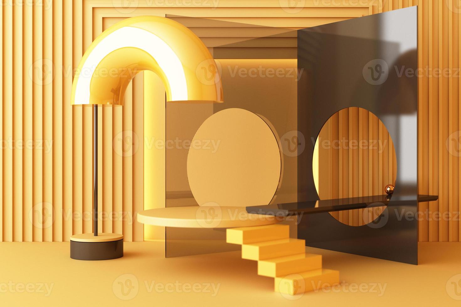 Minimal abstract geometric background with direct sunlight in shades of green and yellow. Showcase scene with empty podium for product presentation 3d rendering photo