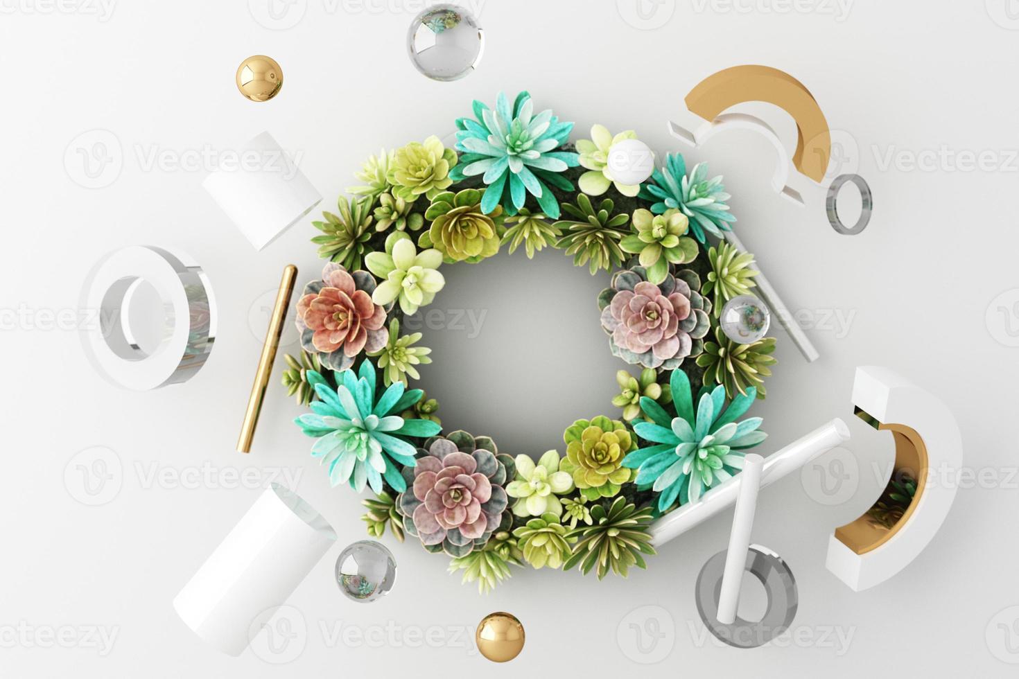 Minimal abstract geometric background with direct sunlight in shades of green and yellow. Showcase scene with empty podium for product presentation 3d rendering photo