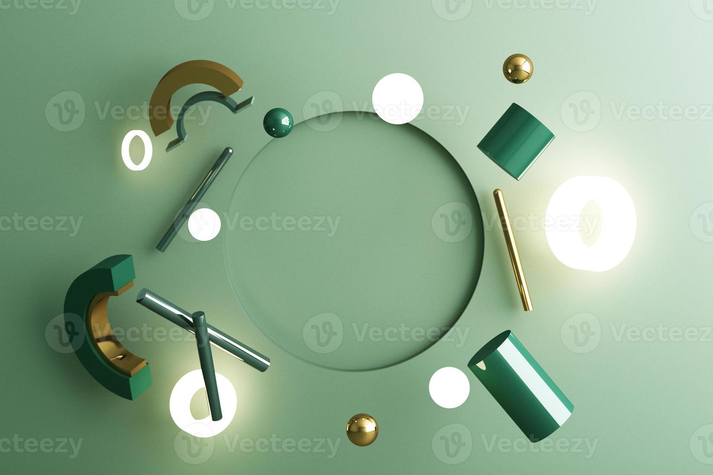 Minimal abstract geometric background with direct sunlight in shades of green and yellow. Showcase scene with empty podium for product presentation 3d rendering photo