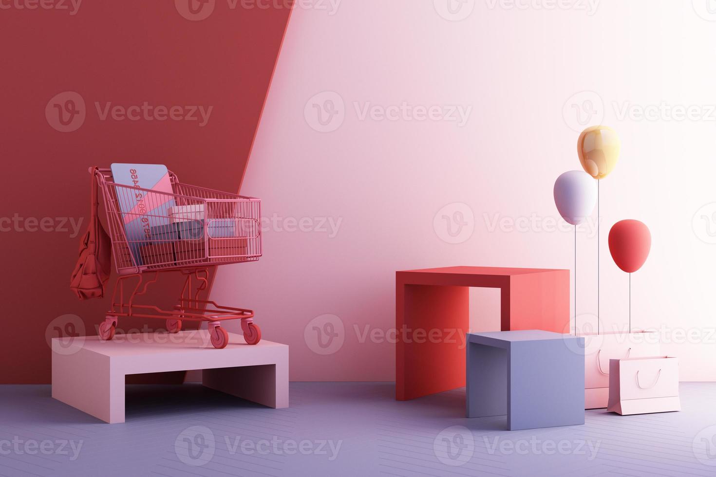Clothes mannequins a hanger surrounding by bag and market prop with geometric shape on the floor in pink and blue color. 3d rendering photo