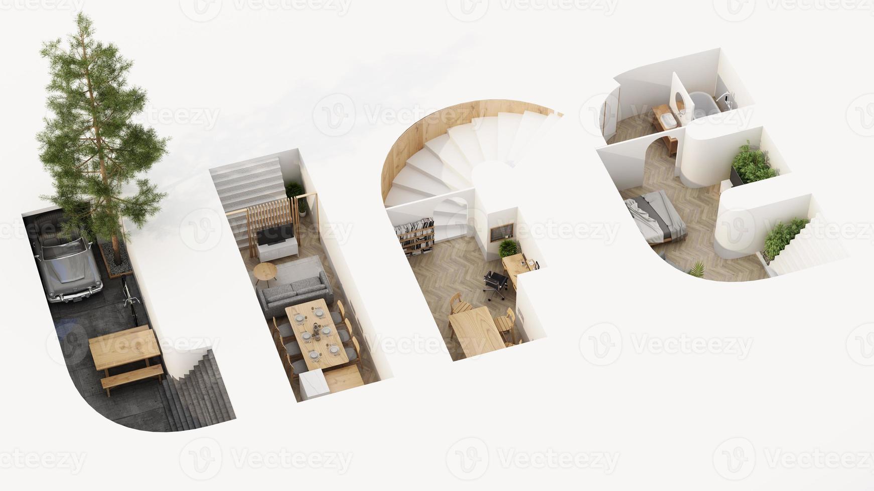 A cross section of a house. concept of work from home, goal of life, Work Life Balance with furniture used in daily life. in white and wood tones, 3D rendering and illustration. photo