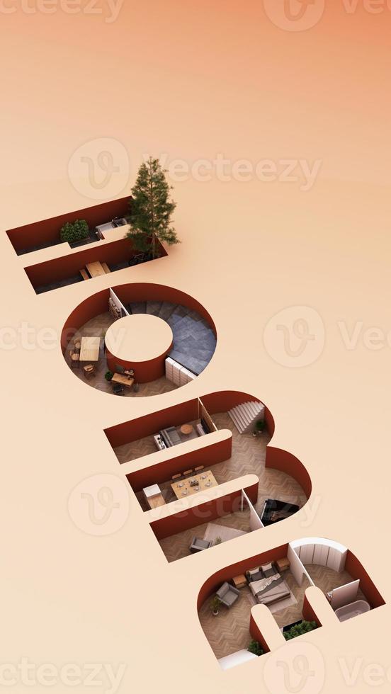 A cross section of a house. concept of work from home, goal of life, Work Life Balance with furniture used in daily life. in white and wood tones, 3D rendering and illustration. photo