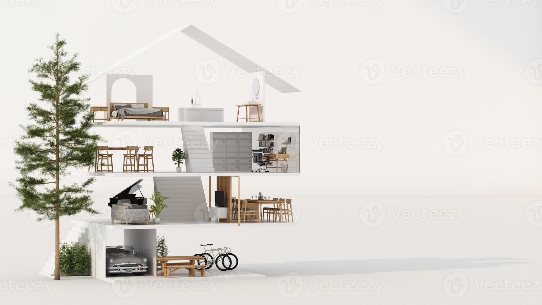 A cross section of a house. concept of work from home, goal of life, Work Life Balance with furniture used in daily life. in white and wood tones, 3D rendering and illustration. photo