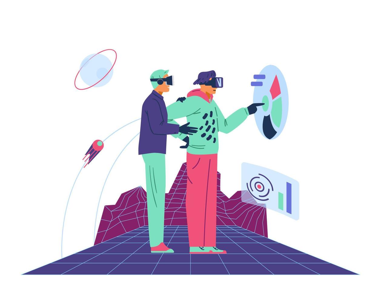 Two men colleagues in VR headsets and gloves working together on project in metaverse flat vector illustration. Metaverse for business concept.