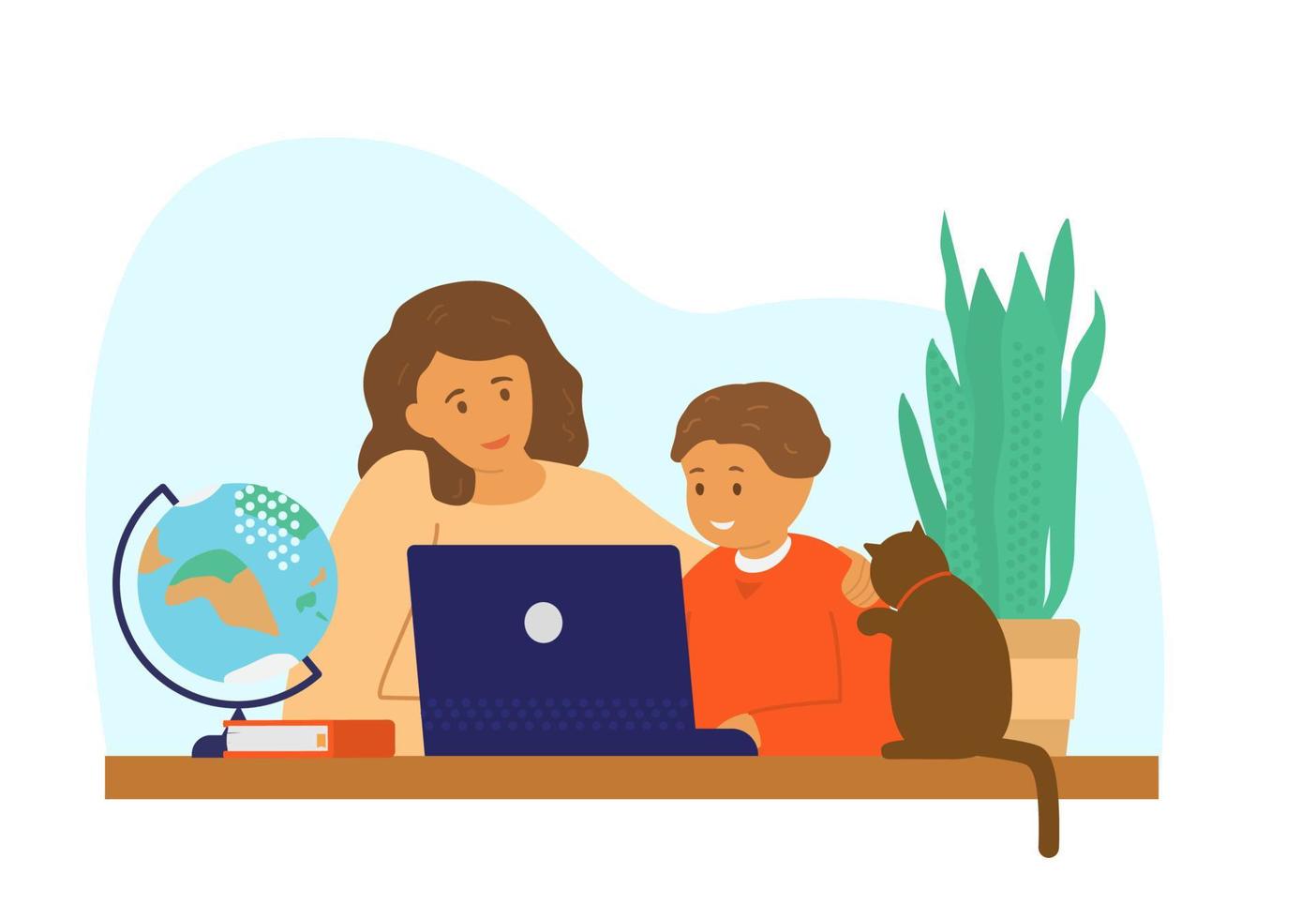 educación en el hogar o educación en línea. madre con niño y gato sentado frente a la computadora portátil aprendiendo. ilustración vectorial plana. vector