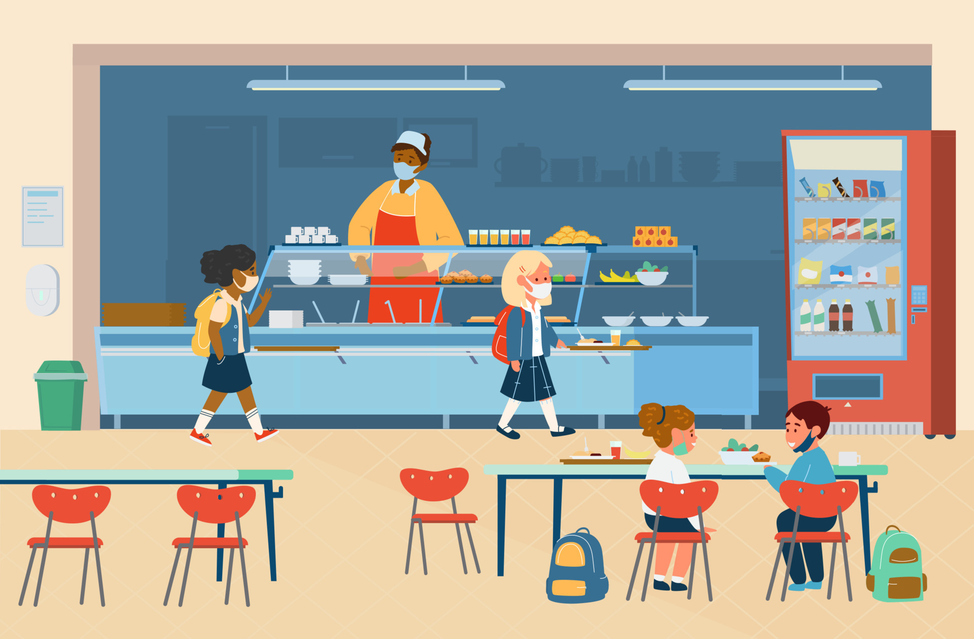 Vector School Canteen With Different Races Pupils In Protective Masks vector-school-canteen-with-different-races-pupils-in-protective-masks