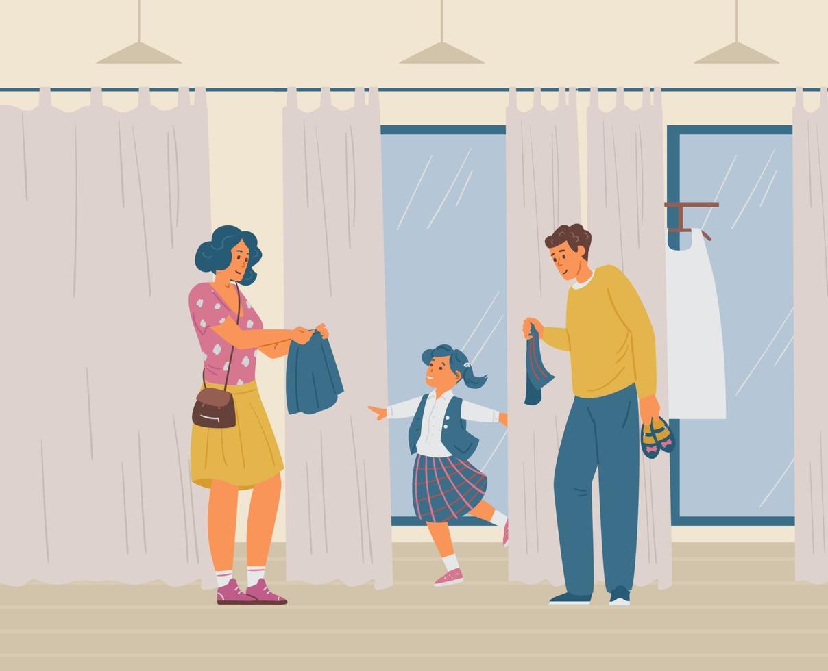 Parents With Daughter Choosing School Uniform In Clothes Store. Happy Girl Trying On New School Form In Fitting room. Vector Illustration.