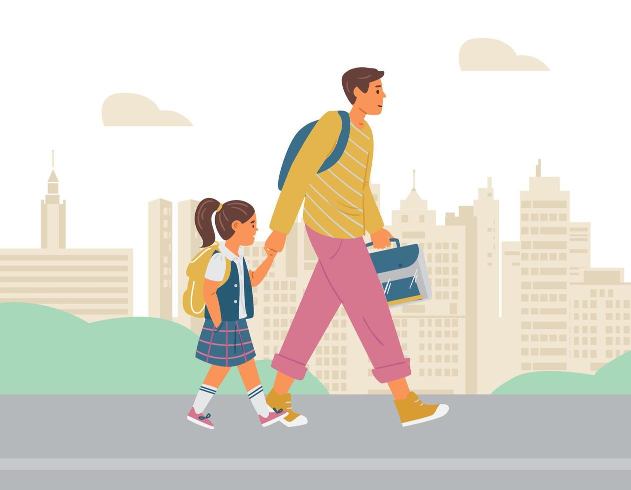 Father And Daughter Walking To School. City Background. Vector Illustration.