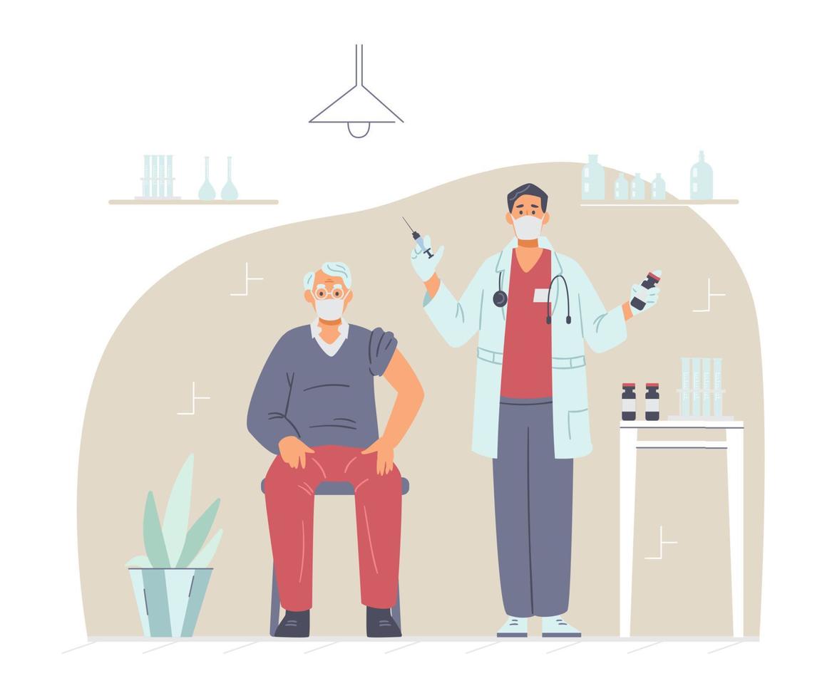 Senior man getting vaccination shot against coronavirus flat vector illustration. Medical cabinet with doctor and patient.