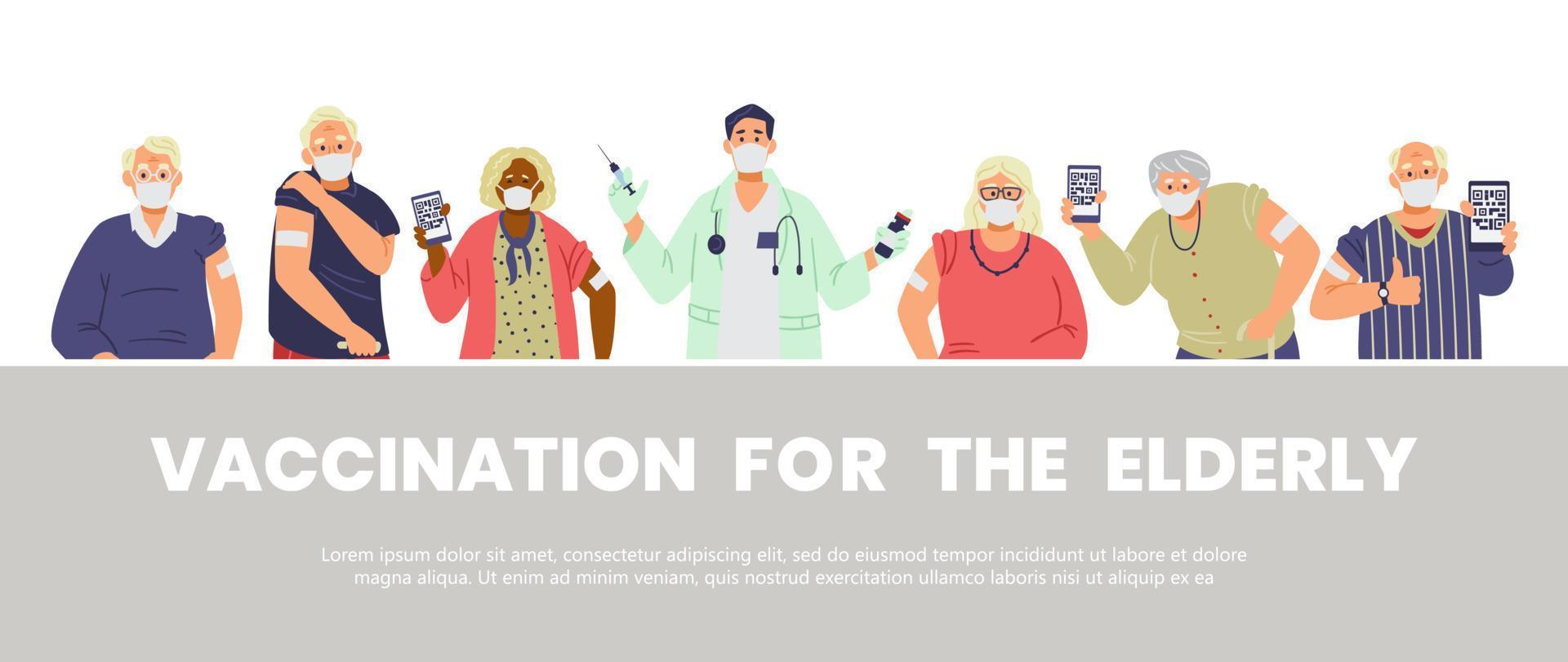 Elderly people vaccination flat vector horizontal banner. Senior men and women in face masks vaccinated holding phones with health passport. Doctor holding vaccine and syringe.