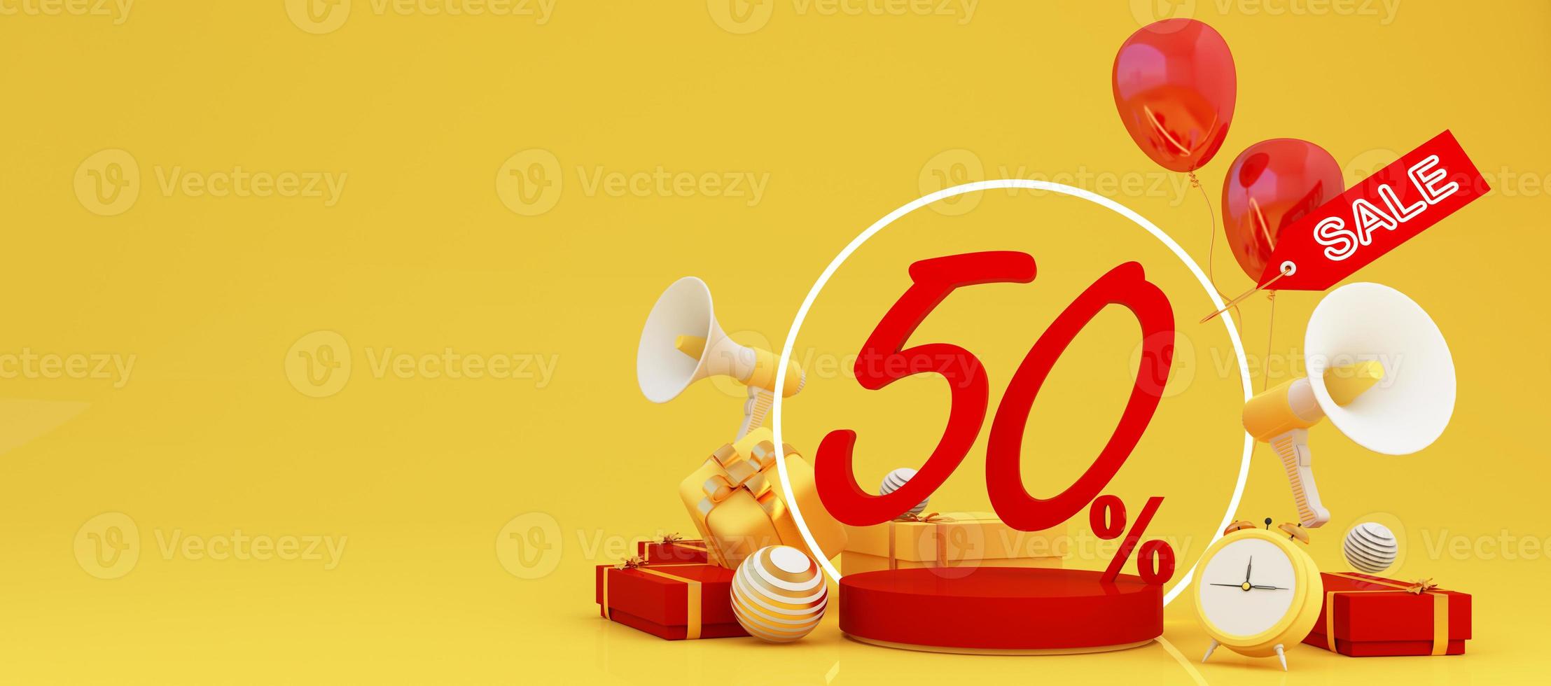 Great discount banner design with SALE text phrase on green and yellow background with gift box, shopping cart bag and alarm clock elements megaphone with product stand 3d rendering photo