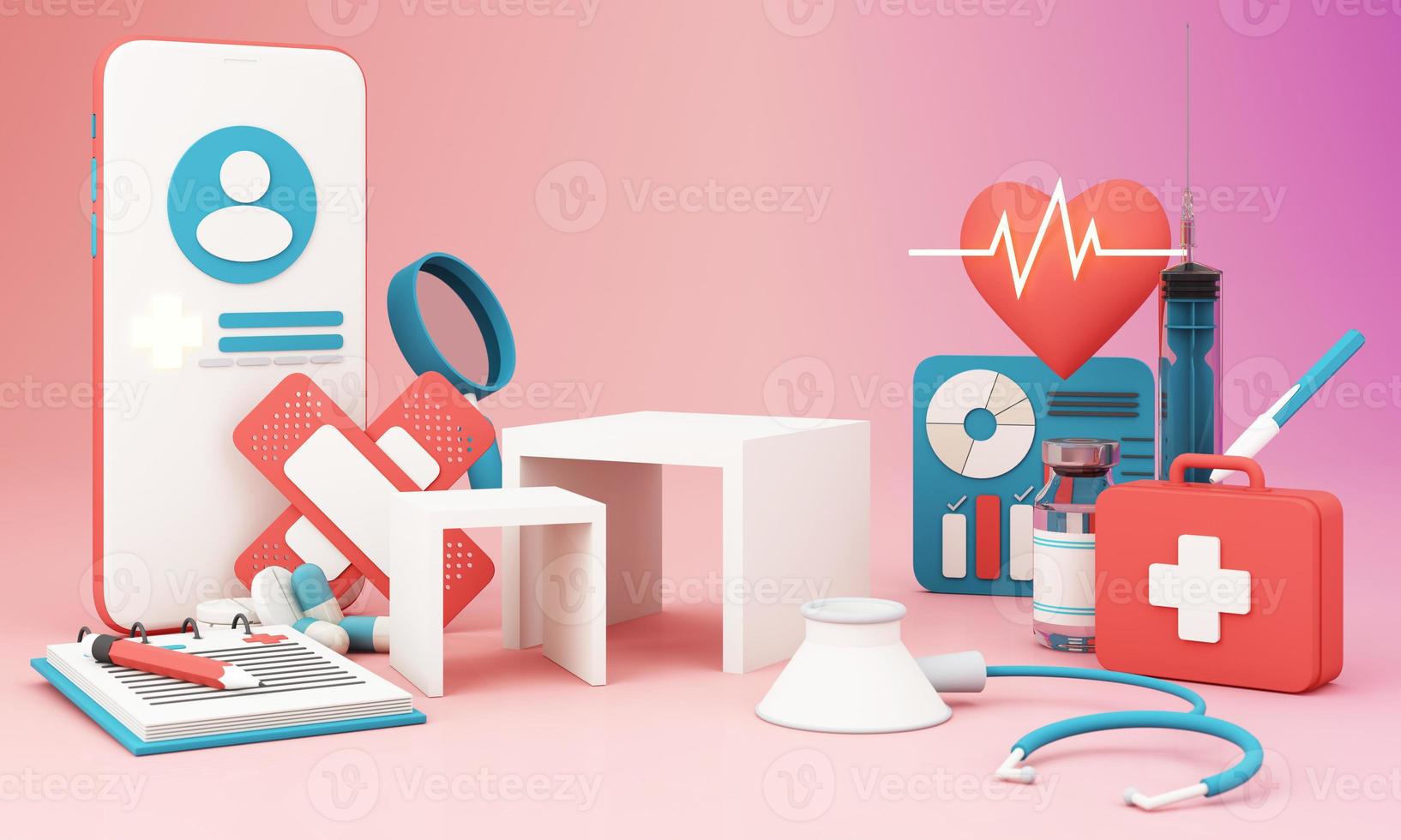 Health insurance concept with words coverage, protection, risk, and security online medicine on a virtual screen and a cartoon wood hand touching a button, isolated on blue background 3d rendering photo
