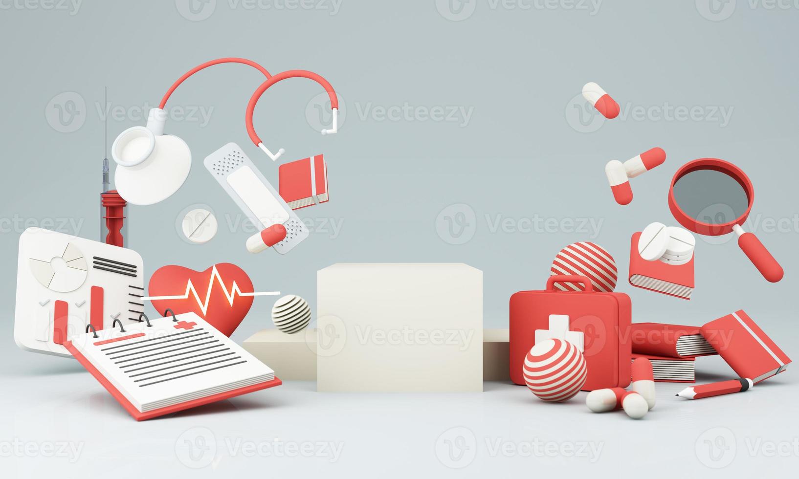 phone screen with patient id, heart disease and heart rate treatments and pills, plaster, first aid box and vaccine bottles and syringes. white and red color in concept online health check 3d render photo