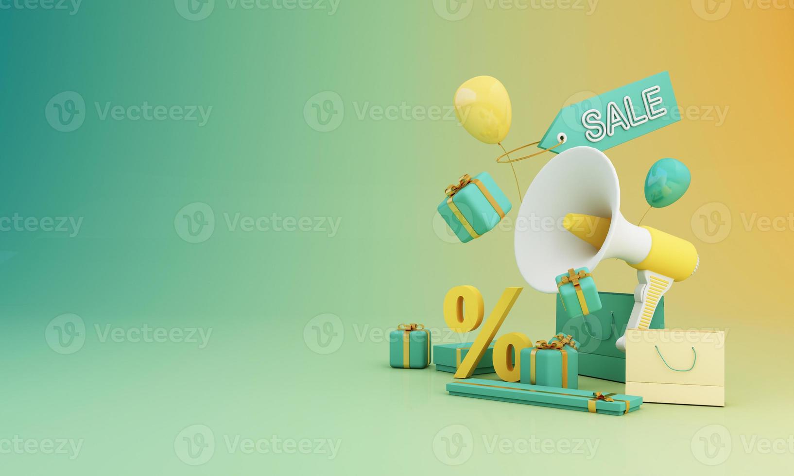 Great discount banner design with SALE text phrase on green and yellow background with gift box, shopping cart bag and alarm clock elements megaphone with product stand 3d rendering photo