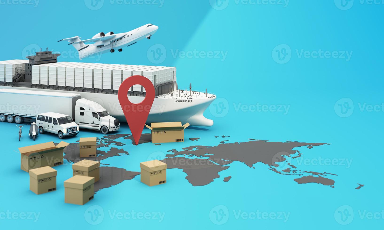 the Earth world map surrounded by cardboard boxes, a cargo container ship, a flying plane, a car, a van and a truck with gps location on blue background 3D rendering isometric view photo