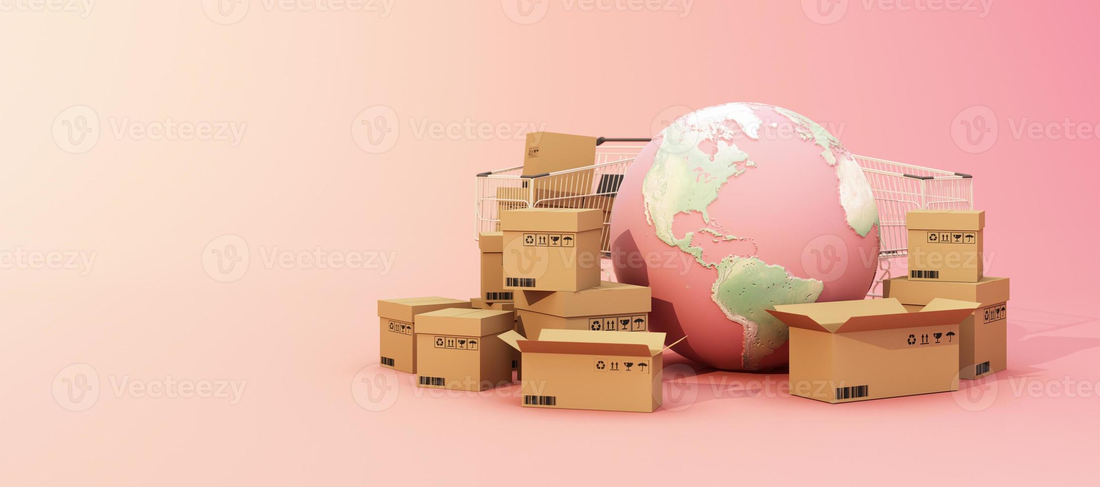 the Earth world map surrounded by cardboard boxes, a cargo container ship, a flying plane, a car, a van and a truck with gps location on blue background 3D rendering isometric view photo