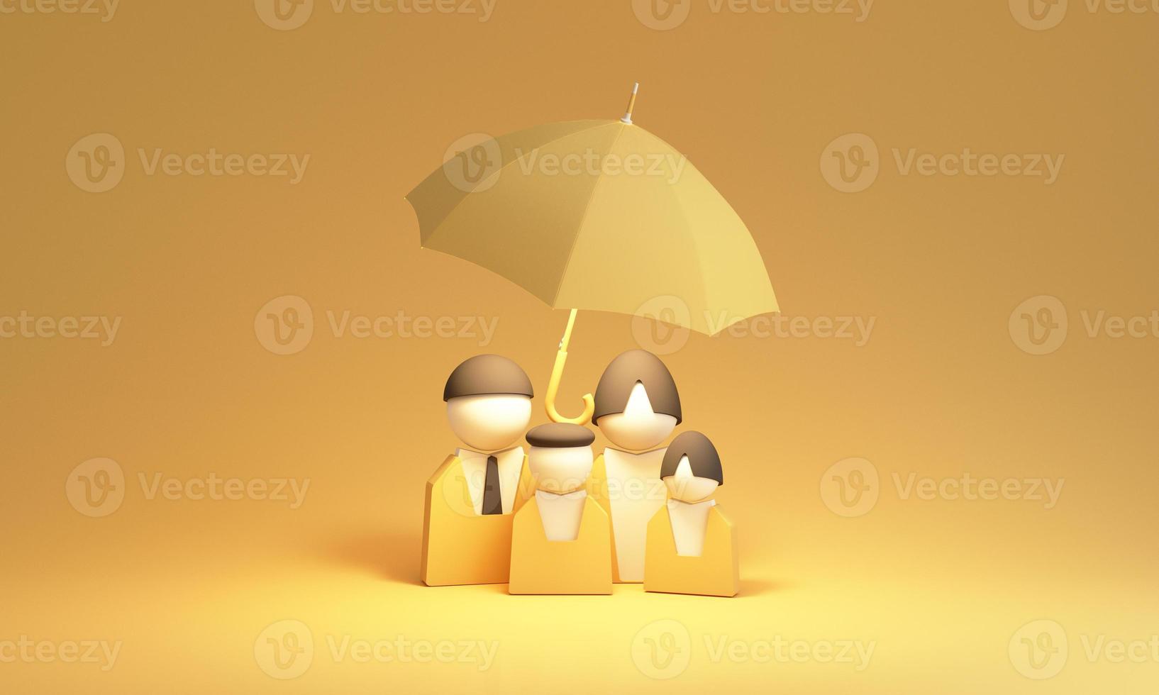 Insurance company client take out complete insurance concept. Assurance and insurance car, real estate and property, travel, finances, health, family and life. 3d render yellow photo