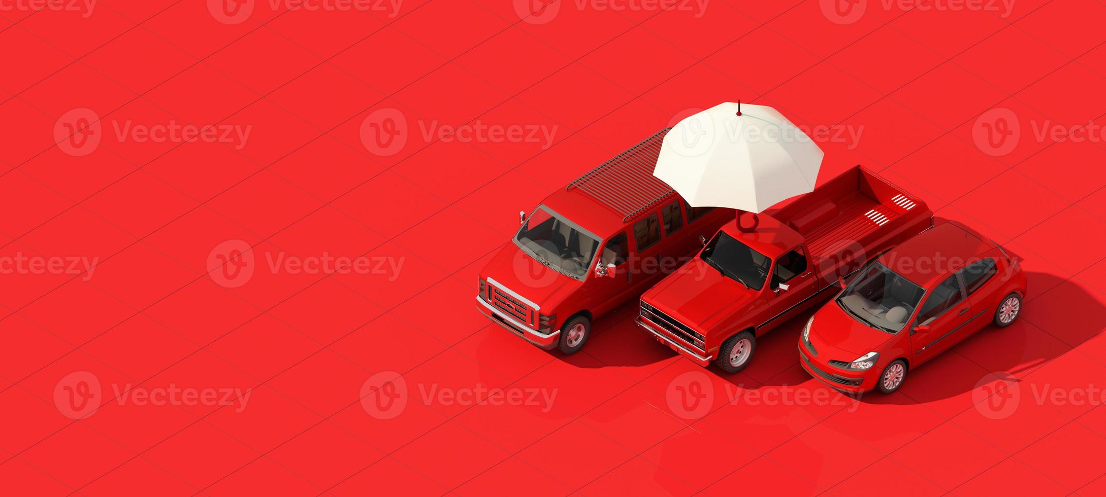 Car protection and safety assurance concept, modern red automobile sedan truck van under white text font and umbrella, isolated on red background, 3d illustration rendering isometric photo