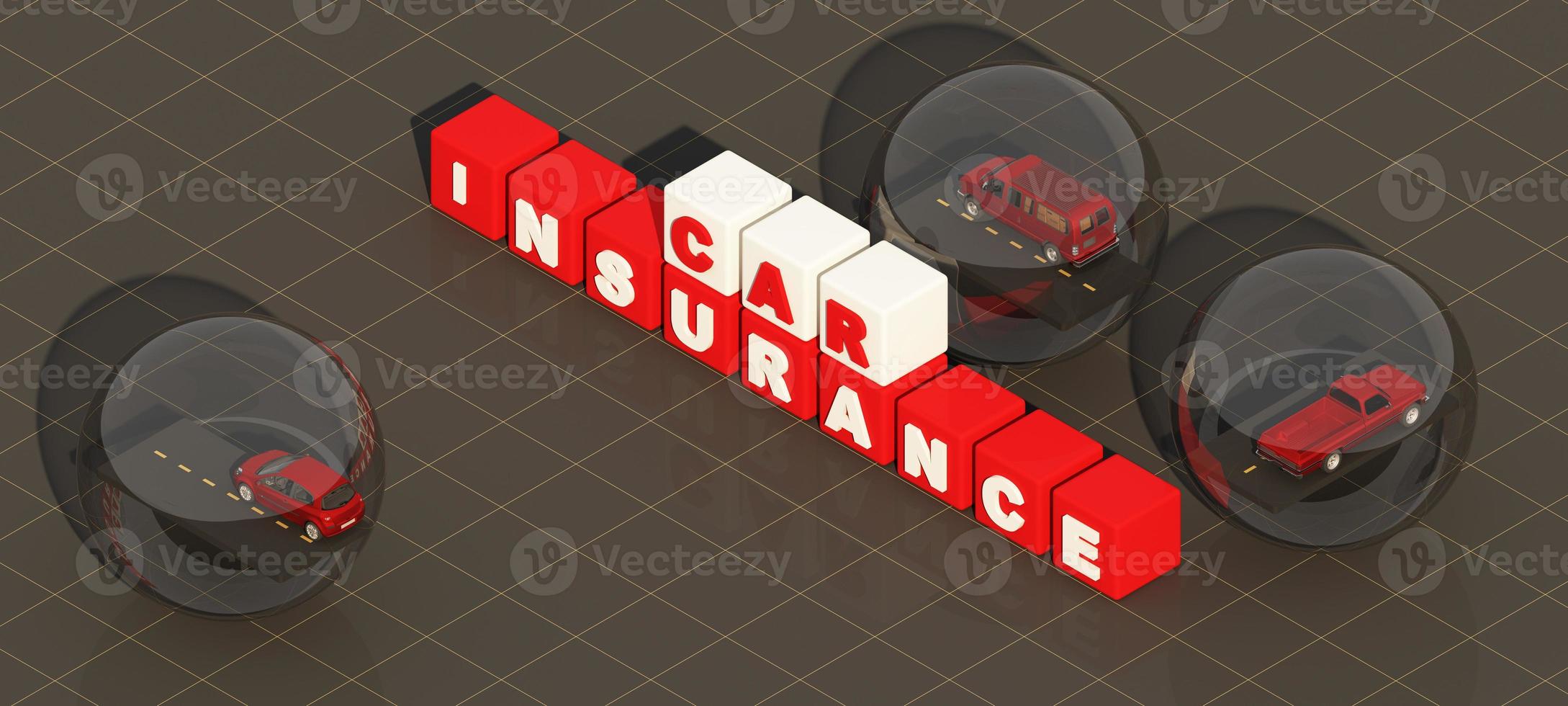 Car protection and safety assurance concept, modern red automobile sedan truck van under white text font and umbrella, isolated on red background, 3d illustration rendering isometric photo