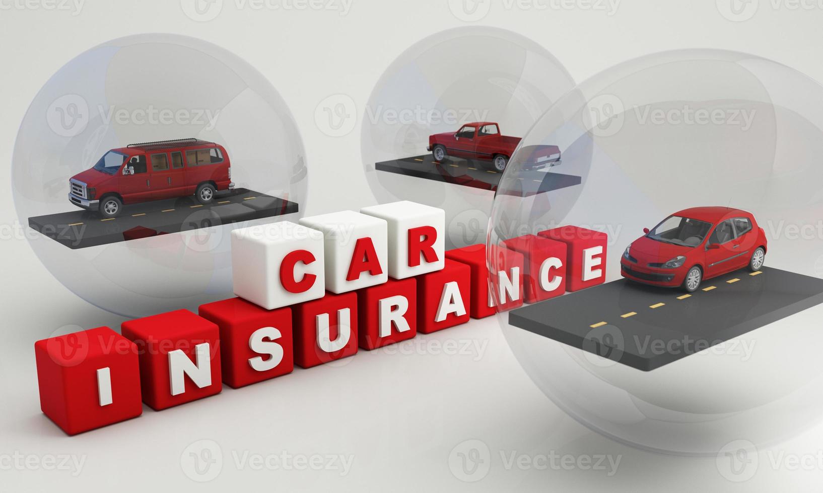 Car protection and safety assurance concept, modern red automobile sedan truck van under white text font and umbrella, isolated on red background, 3d illustration rendering isometric photo
