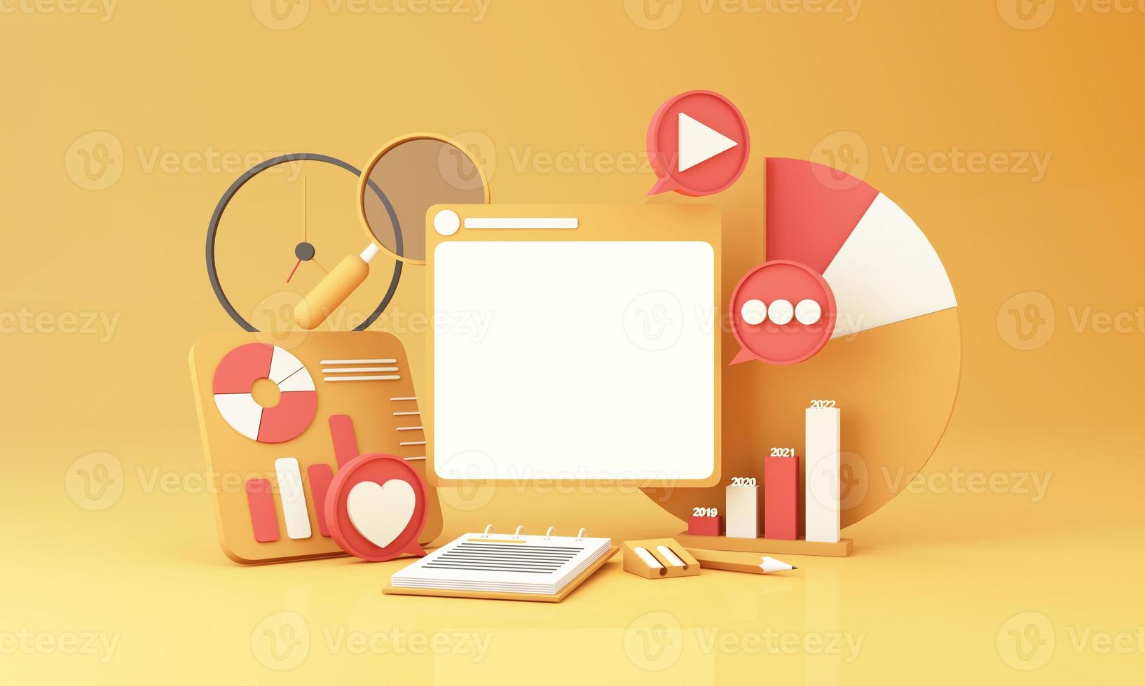 Digital Marketing, web analytics and marketing social media concept with play, chat message, love icon, magnifying glass and display bar and phone screen yellow background. 3d rendering illustration photo