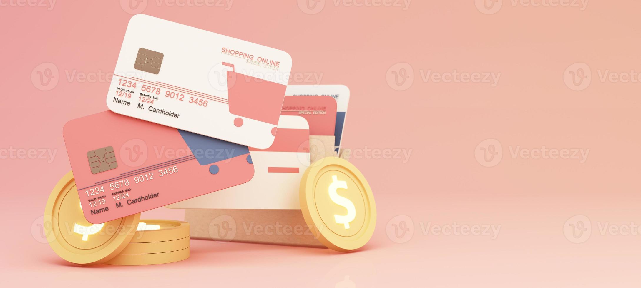 the concept of online shopping with shopping bag, cardboard box, box, cartoon delivery man, shopping online design on template mock up green Bank credit card isolate on yellow background 3d rendering photo