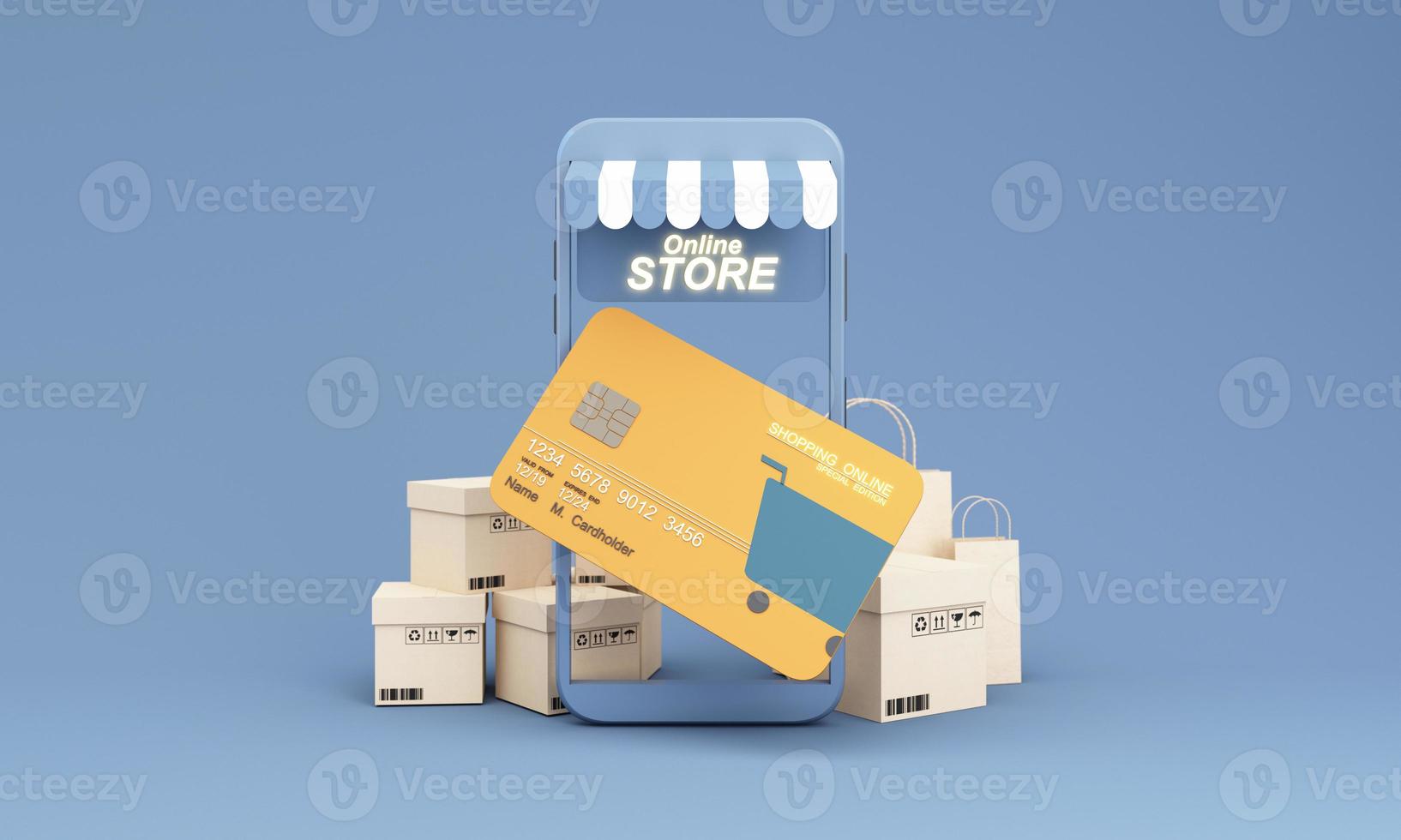 Close up of shopping online design on credit card, levitating template mockup Bank credit card with online service isolated on pink background, digital coin, wallet, copy space 3d rendering photo