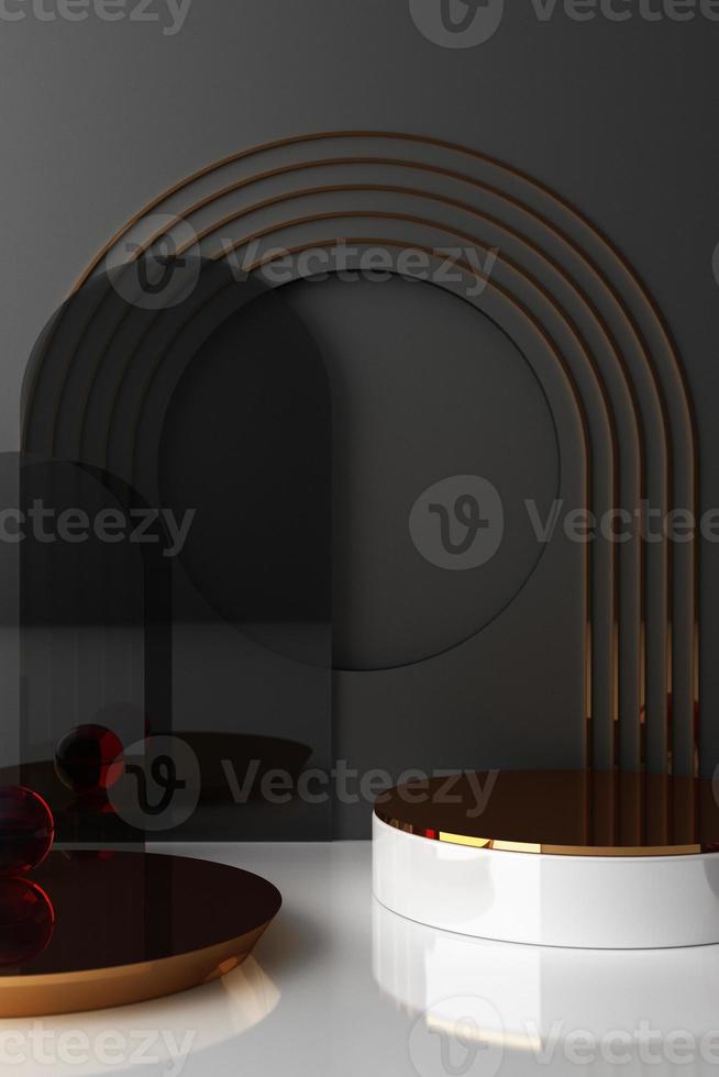 Minimal abstract geometric background with direct sunlight in shades of green and yellow. Showcase scene with empty podium for product presentation 3d rendering photo