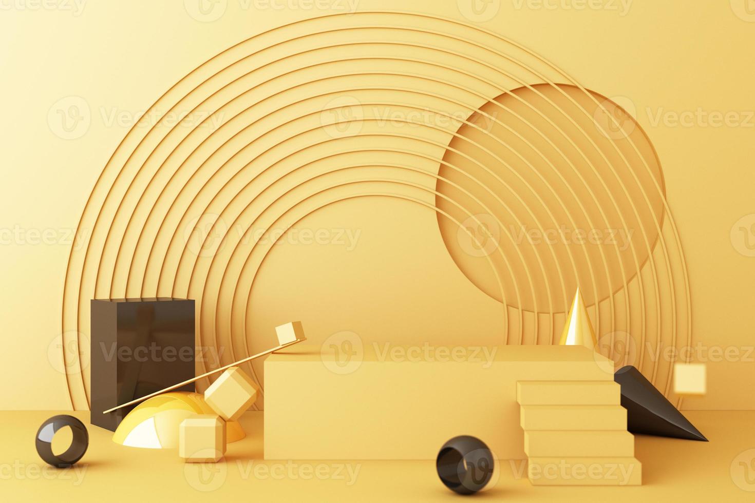 Minimal abstract geometric background with direct sunlight in shades of green and yellow. Showcase scene with empty podium for product presentation 3d rendering photo