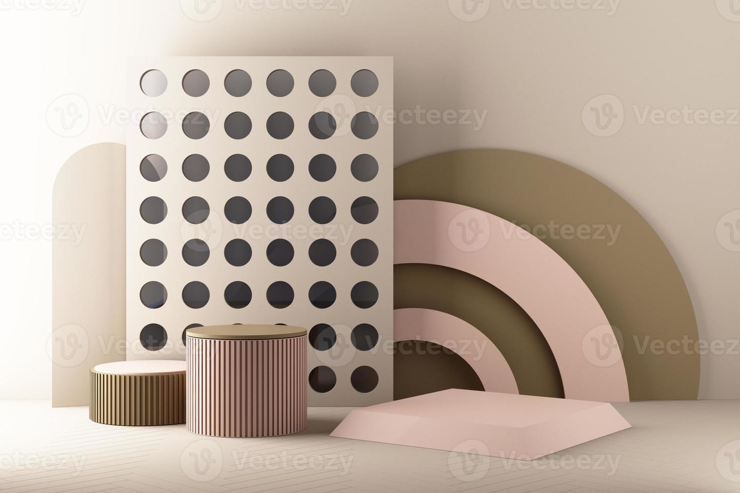 Minimal abstract geometric background with direct sunlight in shades of green and yellow. Showcase scene with empty podium for product presentation 3d rendering photo