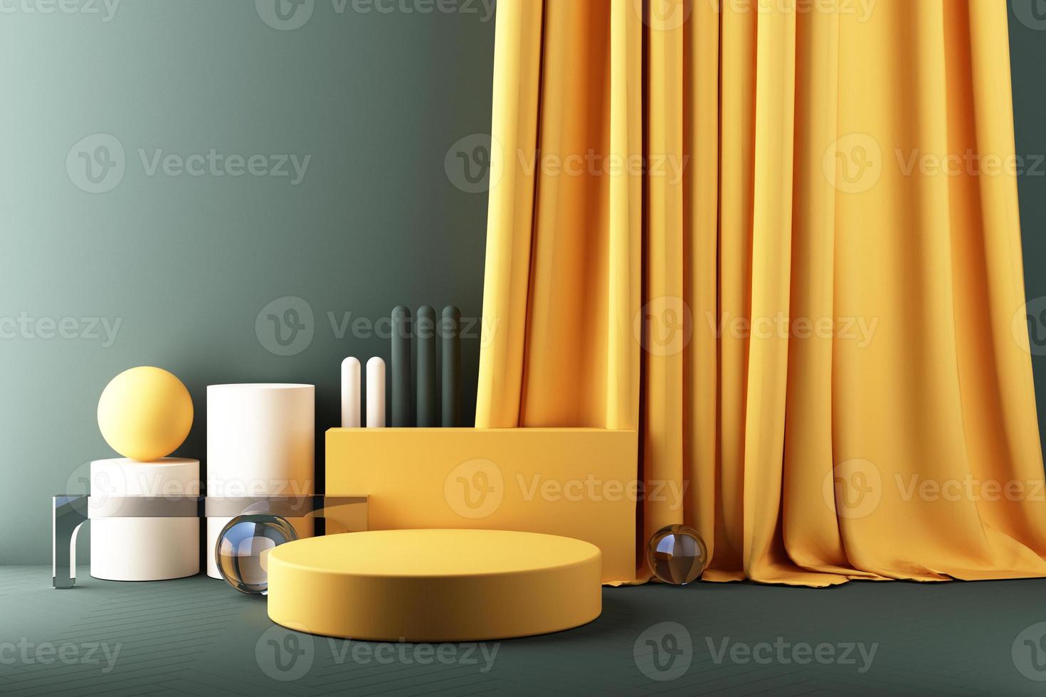 Minimal abstract geometric background with direct sunlight in shades of green and yellow. Showcase scene with empty podium for product presentation 3d rendering photo