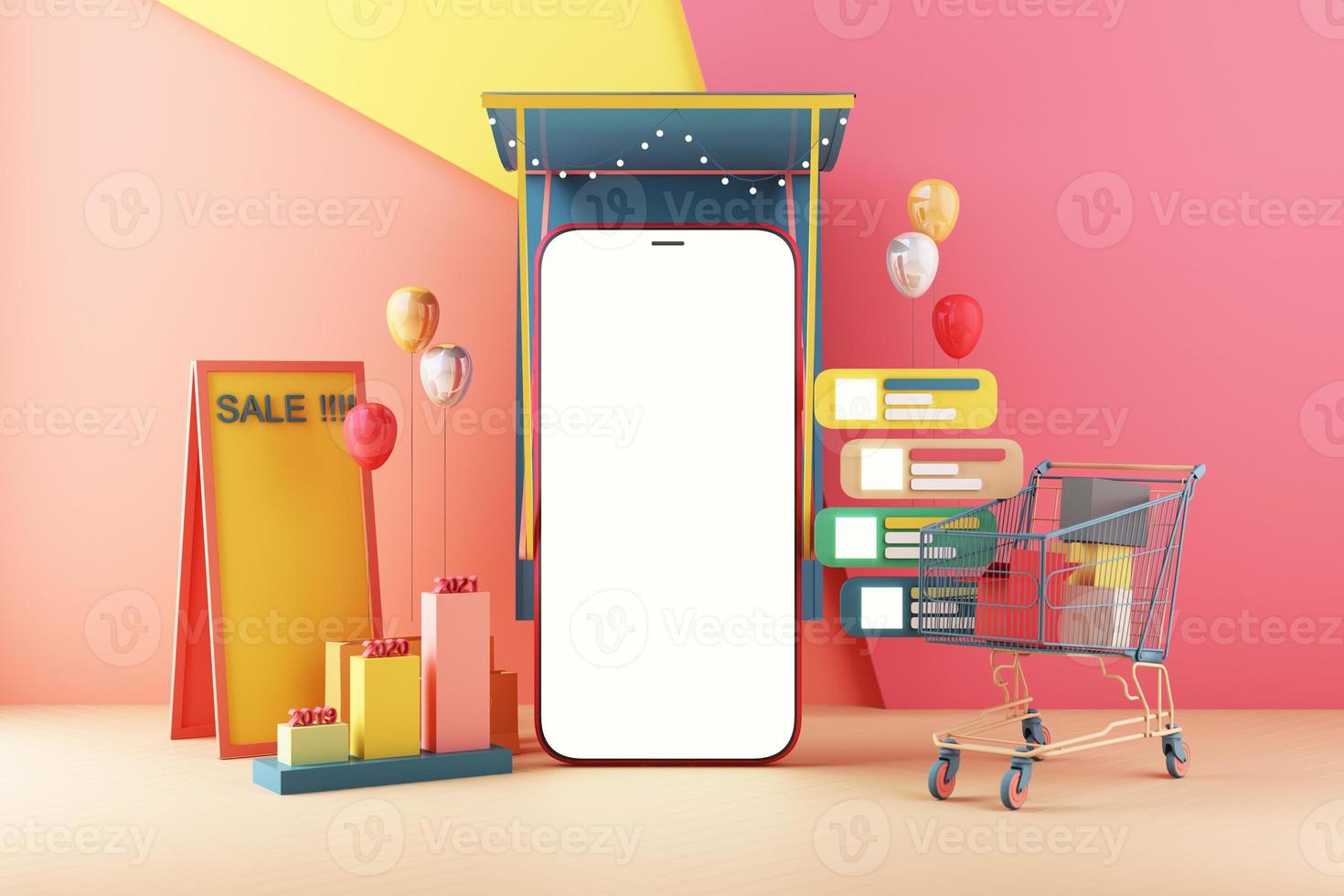 Mobile phone represent of Shopping Online on Mobile screen Application Concept Digital marketing with gamepad and video game console on colors pastel and statistics bar 3d rendering photo