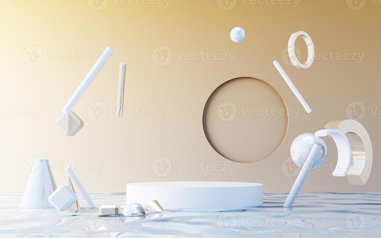 Minimal scene with podium. Gold and white scene. Trendy for social media banners, promotion, cosmetic product show. Geometric shapes on wet water 3d render photo