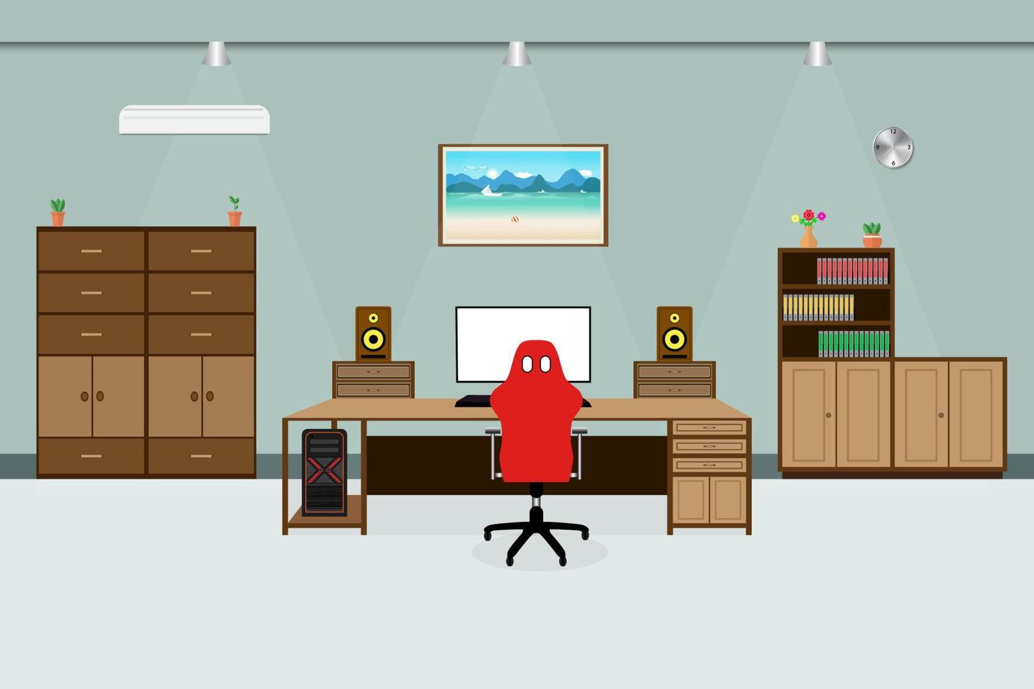 espacio de trabajo de oficina interior silla escritorio gabinete aire acondicionado con pantalla de computación en mesa de madera. ilustración vectorial de diseño vector