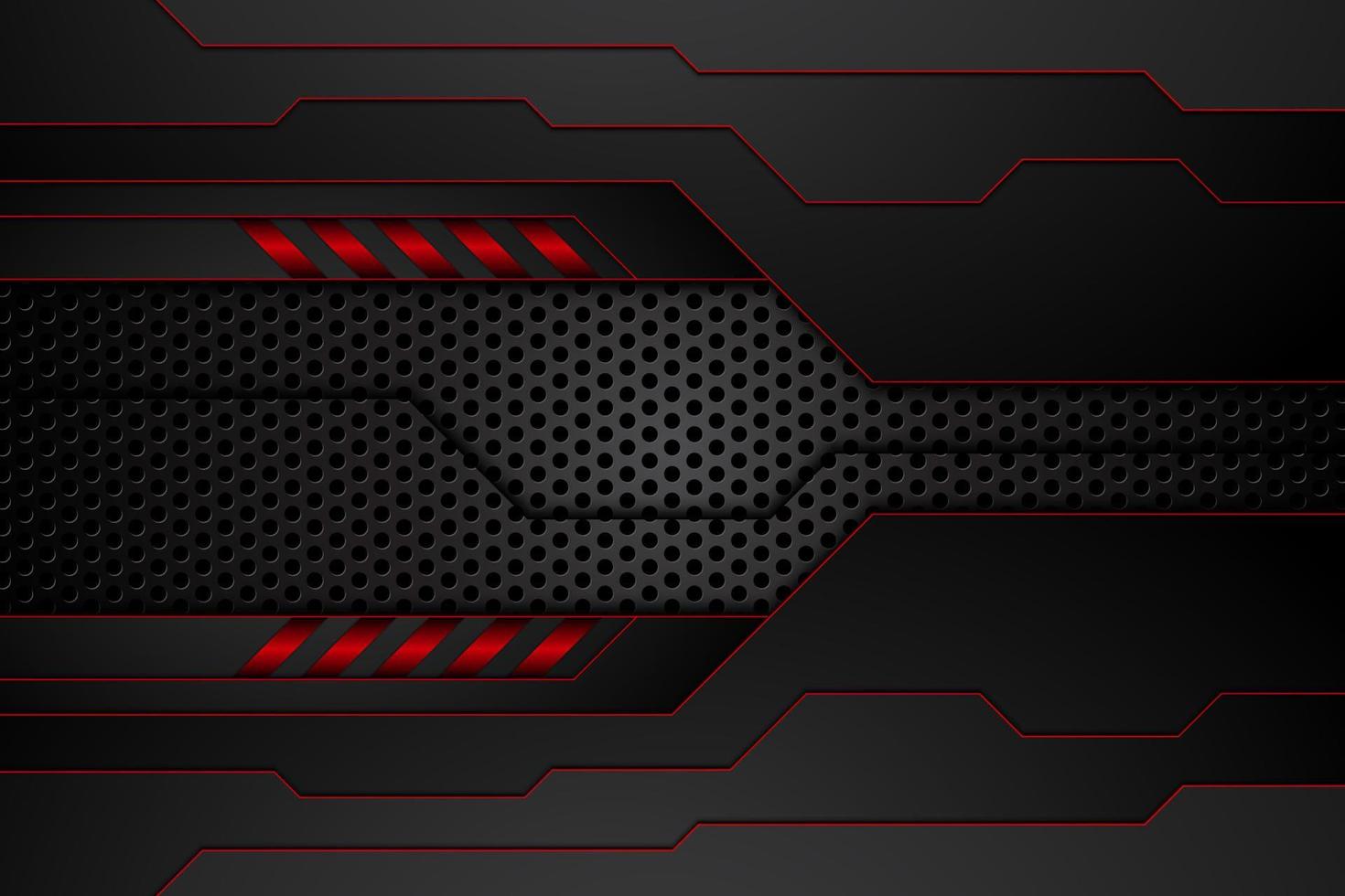 placa de metal negro y rayas rojas en contraste sobre malla de acero. fondo de diseño de tecnología moderna de plantilla. ilustración vectorial vector