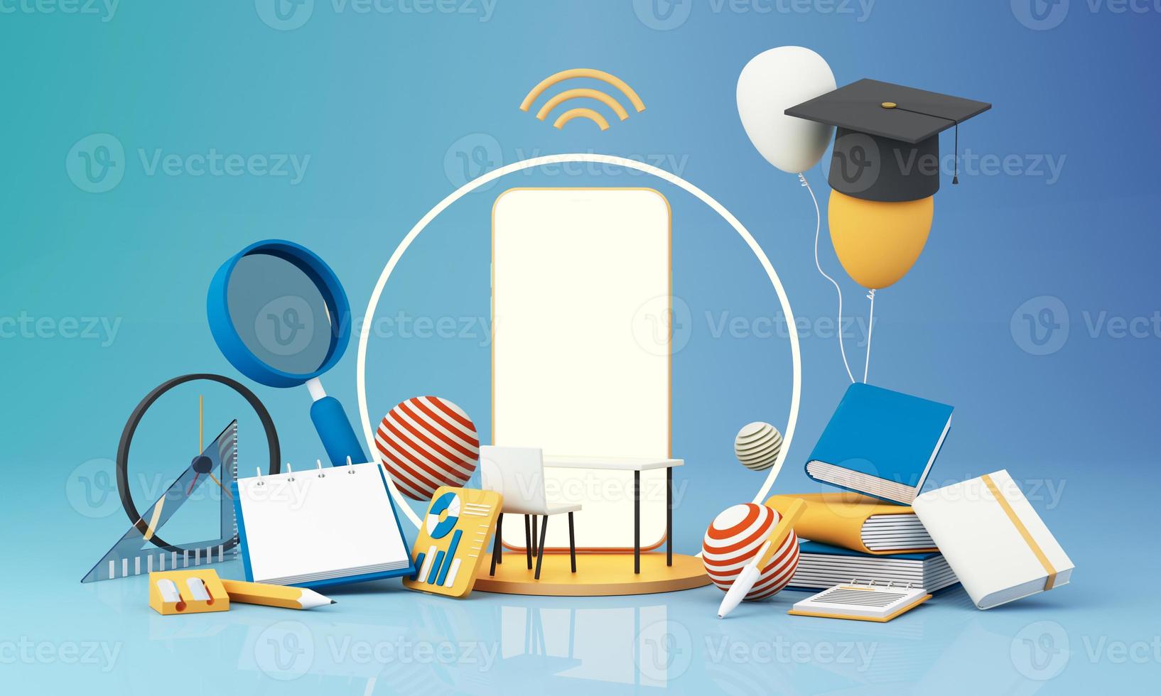 E-learning concept with laptop and wi-fi symbol surrounded by Graduate cap, open books, balloon, Ruler,statistical graph, pencil and magnifying glass on blue and yellow color tone 3d render photo
