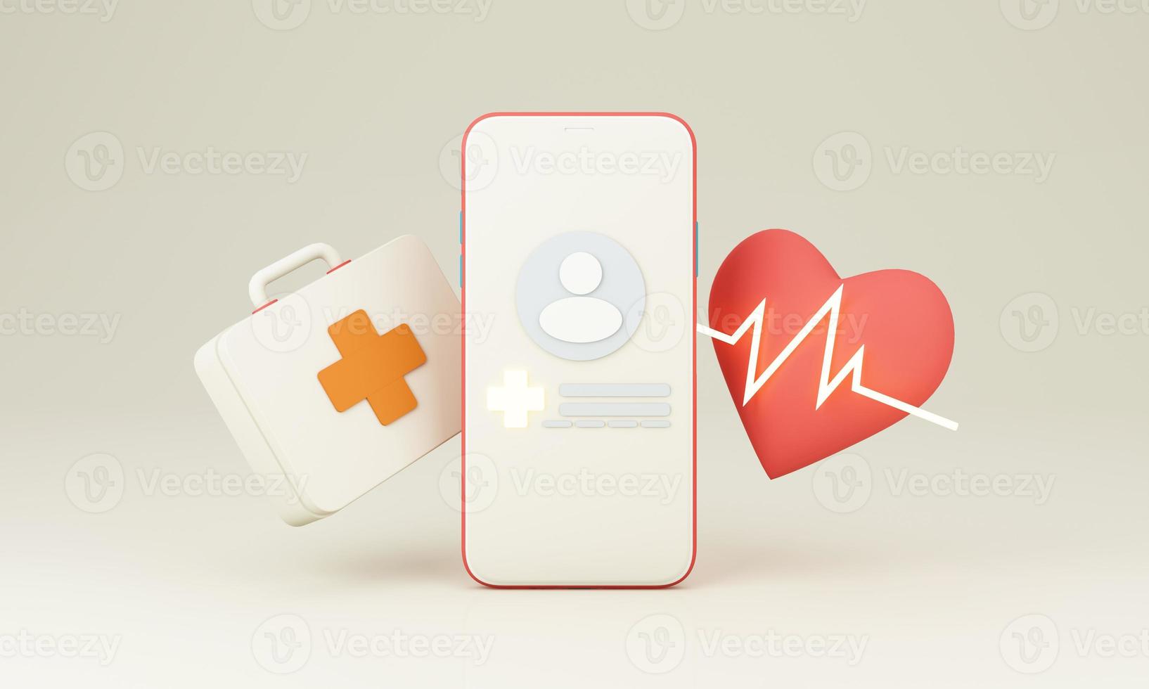 phone screen with patient id, heart disease and heart rate treatments and pills, plaster, first aid box and vaccine bottles and syringes. white and red color in concept online health check 3d render photo