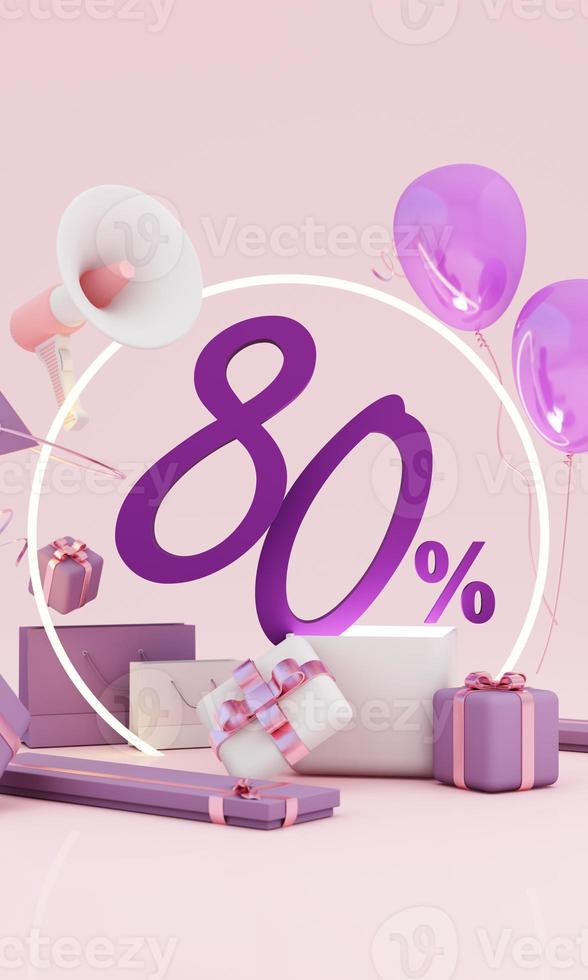 Great discount banner design with SALE text phrase on green and yellow background with gift box, shopping cart bag and alarm clock elements megaphone with product stand 3d rendering photo