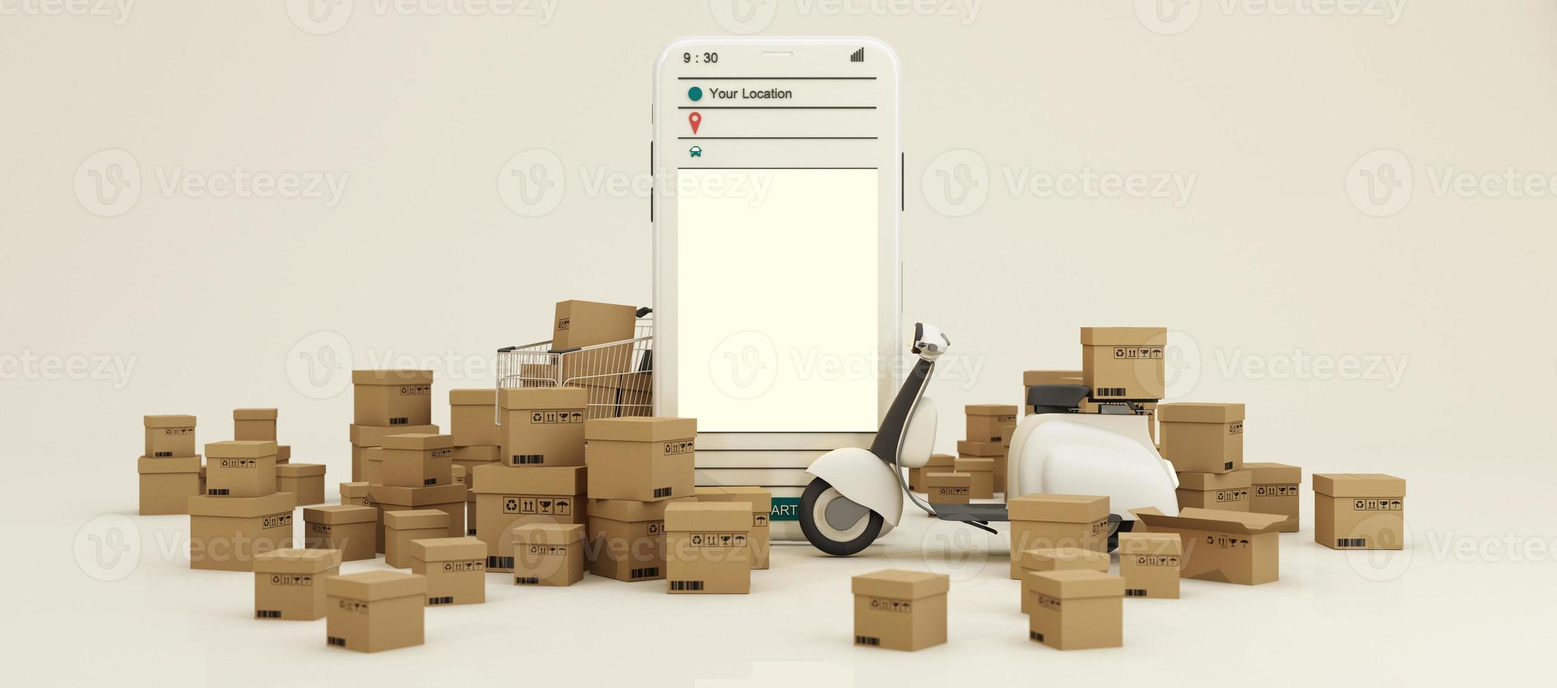 the Earth world map surrounded by cardboard boxes, a cargo container ship, a flying plane, a car, a van and a truck with gps location on blue background 3D rendering isometric view photo