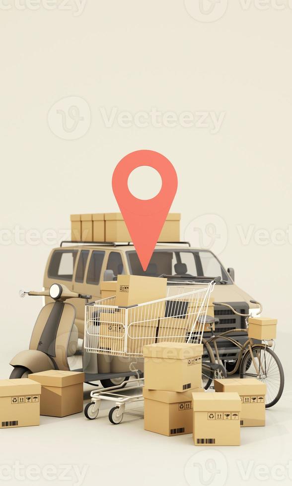 the Earth world map surrounded by cardboard boxes, a cargo container ship, a flying plane, a car, a van and a truck with gps location on blue background 3D rendering isometric view photo